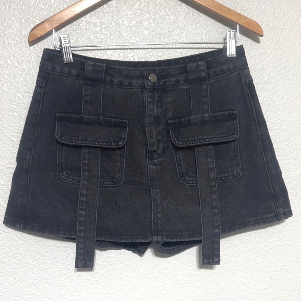 Fashion Nova Black Denim Mini Skort with Utility Pockets